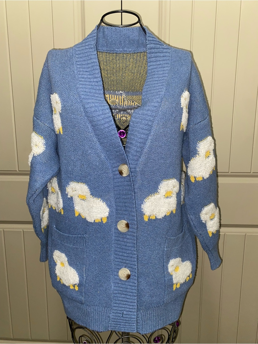 Blue Sheep-Pattern Button Cardigan Sweater for Women